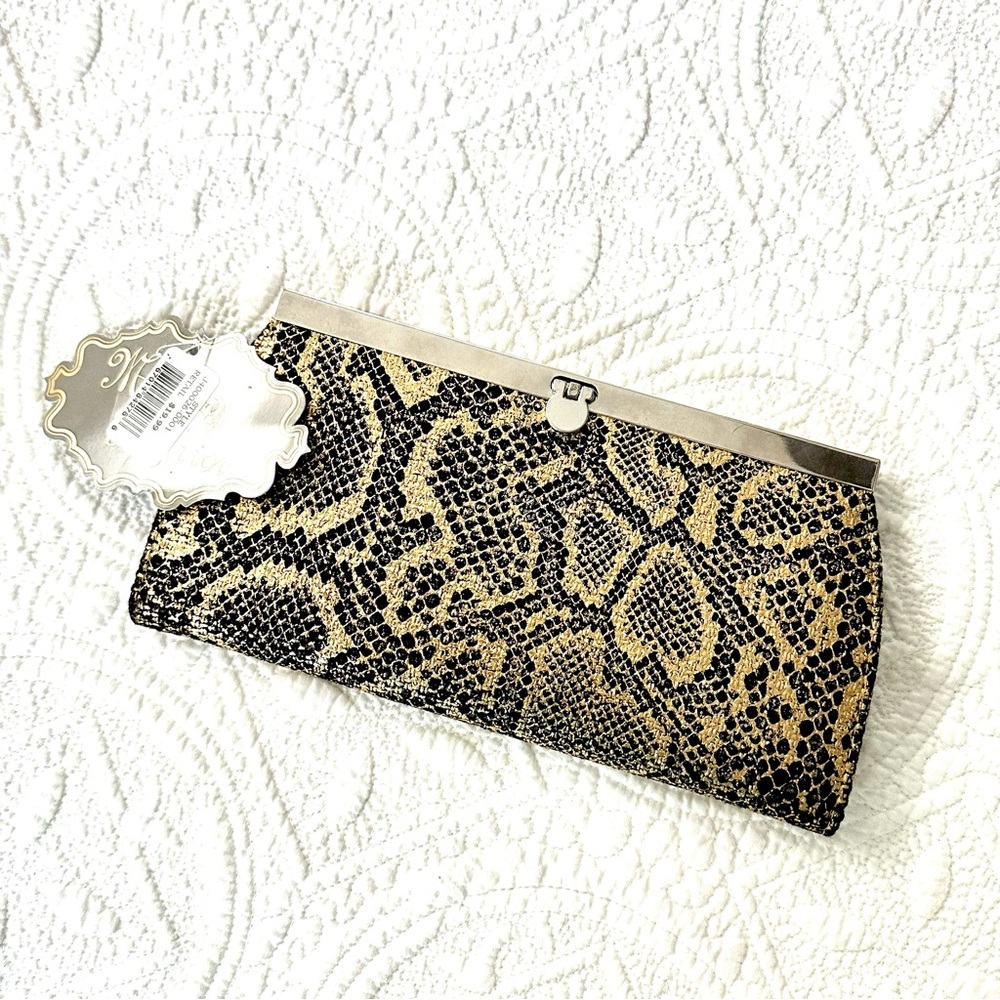 Mirror Mirror Clutch Wallet Black Gold Metallic   Glam Snakeskin Design NWT